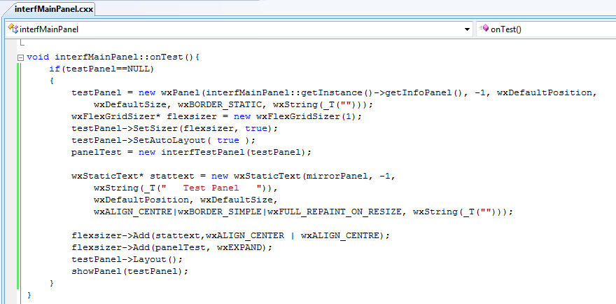 Showing the new panel Fragment of code which shows where the panel is actually shown